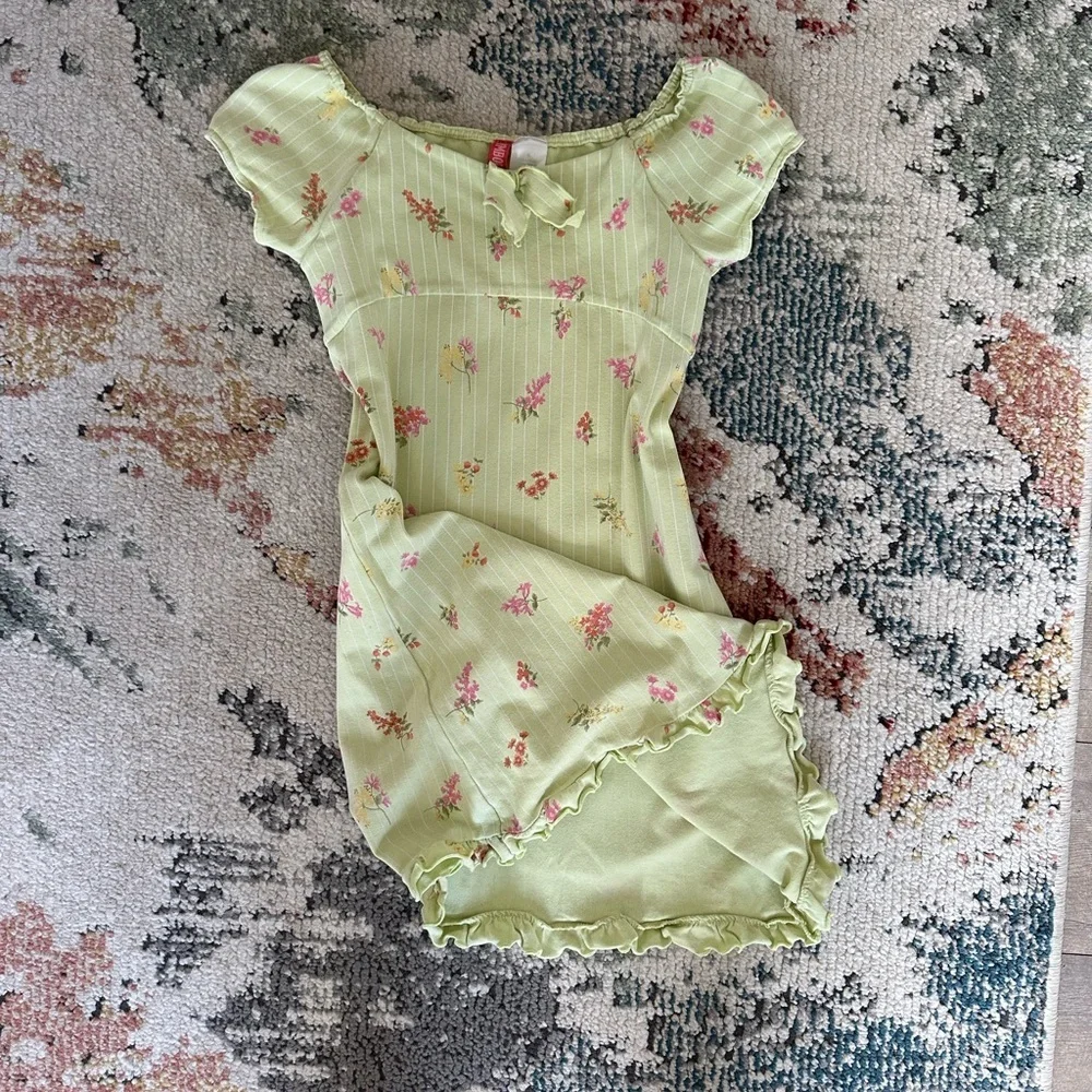 Vintage Gymboree Girl’s Peasant Front Floral Green Dress Pink Accents Size 6